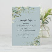 Dusty Blue Eucalyptus Weduwfoto Save the Date (Staand voorkant)