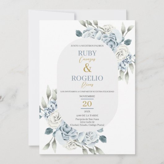 Dusty Blue Faire-part de mariage en espagnol (Devant)