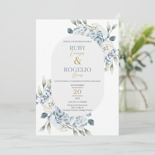 Dusty Blue Faire-part de mariage en espagnol (Debout devant)