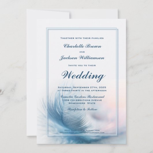 Dusty Blue Feather Wedding Invitation met RSVP Kaart (Voorkant)