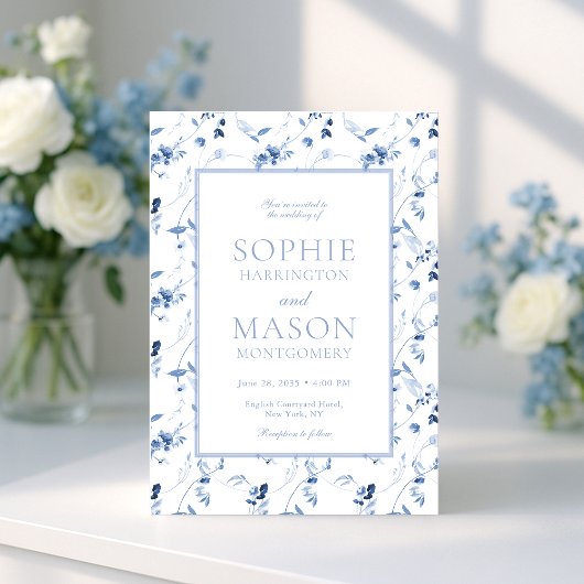 Dusty Blue Fine Art Floral Wedding Invitation
