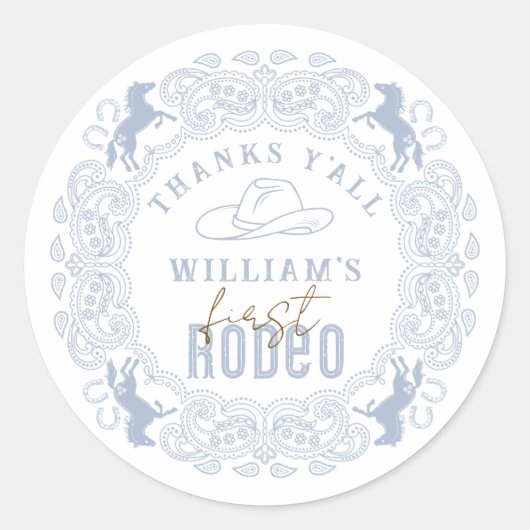 Dusty Blue First Rodeo Verjaardagsgunst Sticker –  (Voorkant)