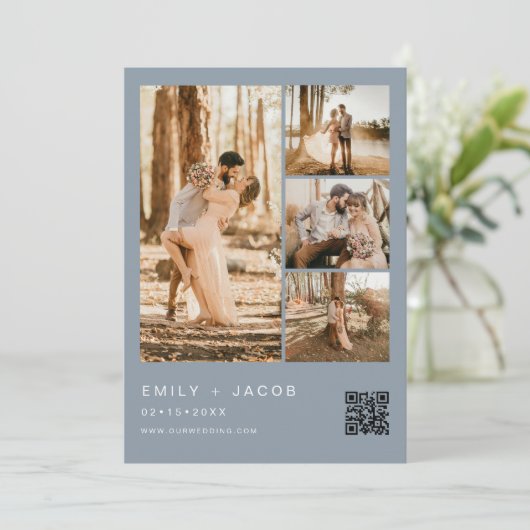 Dusty Blue Five 5 foto QR code bruiloft Kaart (Staand voorkant)