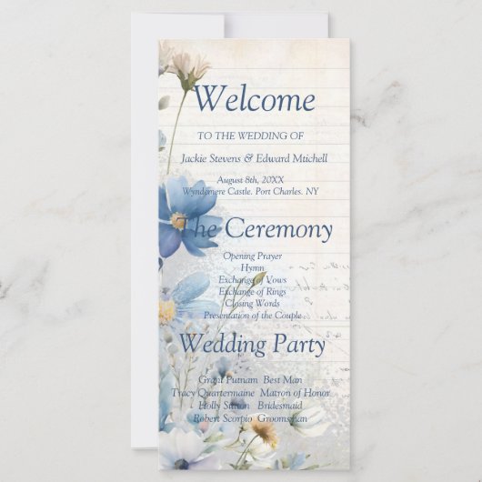 Dusty Blue Fleur sauvage Wedding Programme (Devant)