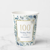 Dusty Blue Floral 100th Birthday Papieren beker (Achterkant)