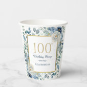 Dusty Blue Floral 100th Birthday Papieren beker (Voorkant)