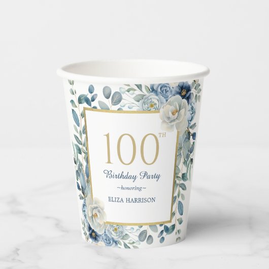 Dusty Blue Floral 100th Birthday Papieren beker (Voorkant)