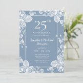 Dusty Blue Floral 25th Jubileum Kaart (Staand voorkant)