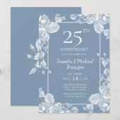 Dusty Blue Floral 25th Jubileum Kaart (Voorkant / Achterkant)