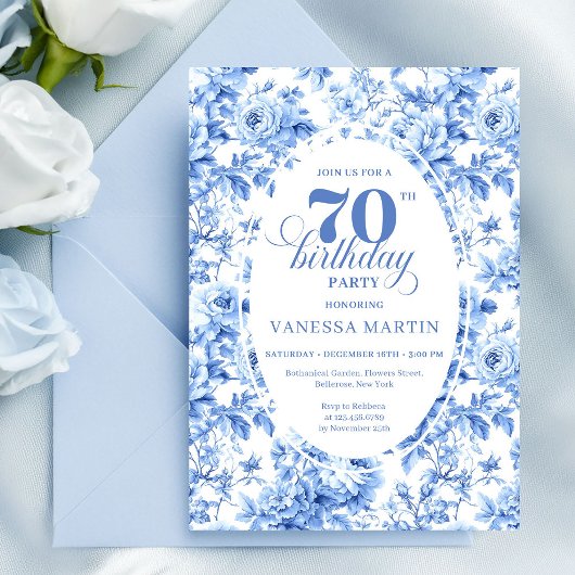 Dusty Blue Floral 70th Birthday Invitation