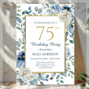 Dusty Blue Floral 75th Birthday Kaart