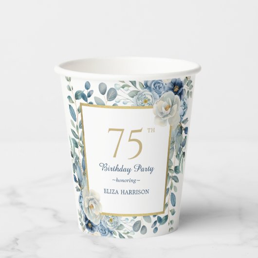 Dusty Blue Floral 75th Birthday Papieren beker (Voorkant)