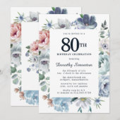 Dusty Blue Floral 80th Birthday Kaart (Voorkant / Achterkant)