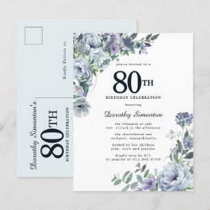 Dusty Blue Floral 80th Birthday  Uitnodiging Briefkaart