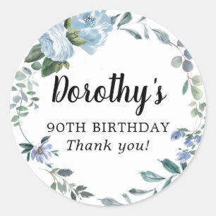 Dusty Blue Floral 90th Birthday Hartelijk dank Ronde Sticker