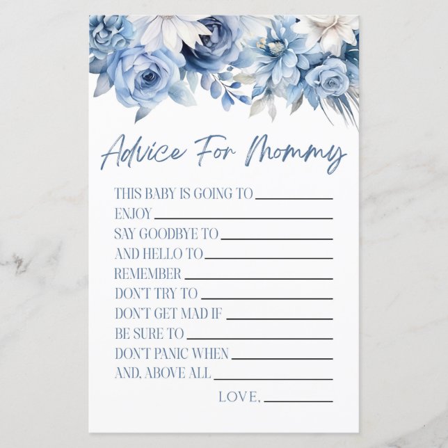 Dusty Blue Floral Advies Baby shower Spel Activite (Voorkant)