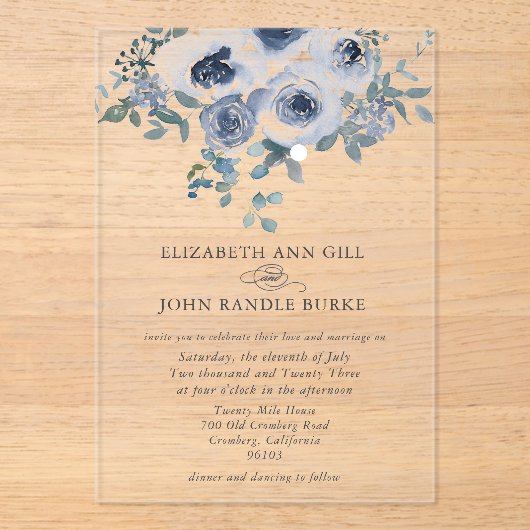 Dusty Blue Floral and Grey Acrylic Invitation (Recto)