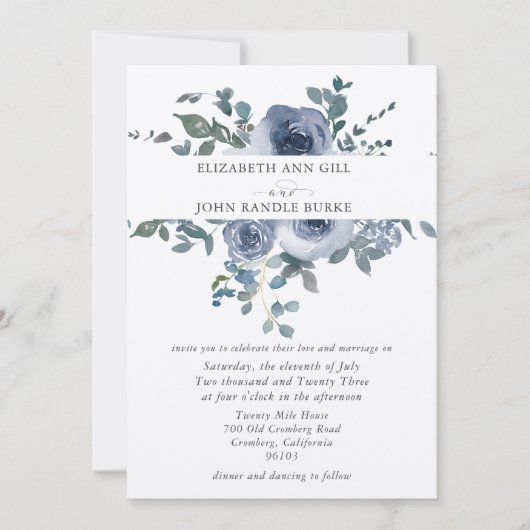 Dusty Blue Floral and Grey Wedding Invitation (Devant)