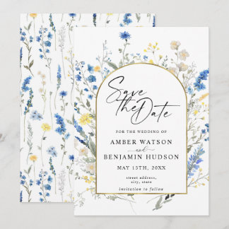 Dusty Blue Floral Arch Wedding Save the Date Kaart