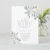 Dusty Blue Floral Baby shower Boy Invitation Kaart (Staand voorkant)