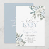 Dusty Blue Floral Baby shower Boy Invitation Kaart (Voorkant / Achterkant)