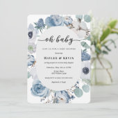 Dusty Blue Floral = Baby shower uitnodiging (Staand voorkant)