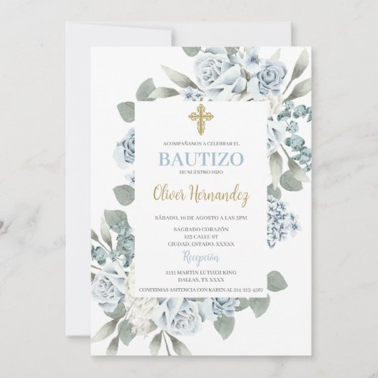 Dusty Blue Floral Bautizo Espagne Invitation (Devant)