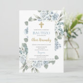 Dusty Blue Floral Bautizo Espagne Invitation (Debout devant)