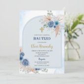 Dusty Blue Floral Bautizo Spaanse uitnodiging (Staand voorkant)