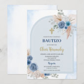 Dusty Blue Floral Bautizo Spaanse uitnodiging (Voorkant / Achterkant)