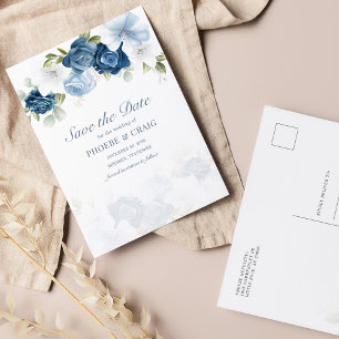 Dusty Blue Floral Bloom Eucalyptus Save the Date Aankondigingskaart