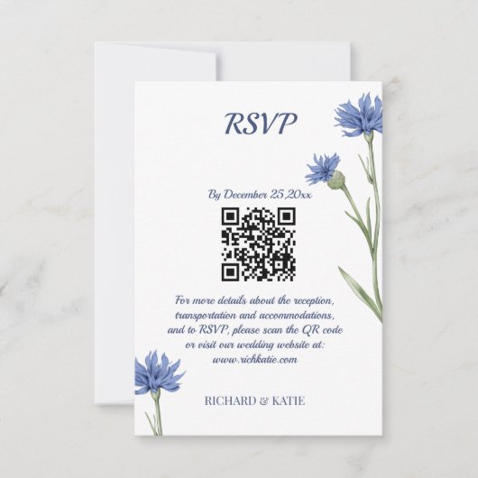 Dusty Blue Floral Bold Stijlvolle QR Code RSVP kaa (Voorkant)
