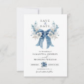 Dusty Blue Floral Bow Save the Date Wedding Card (Devant)