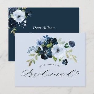 dusty blue floral bridesmaid voorstelkaart uitnodiging briefkaart
