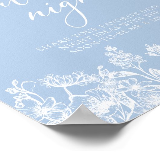 Dusty Blue Floral Bruids Datum Nachtideeën Teken Poster (Hoek)