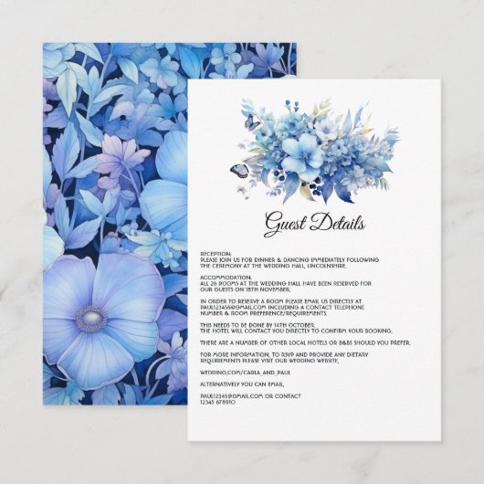 Dusty Blue Floral bruiloft Gast Details Informatiekaartje (Voorkant / Achterkant)