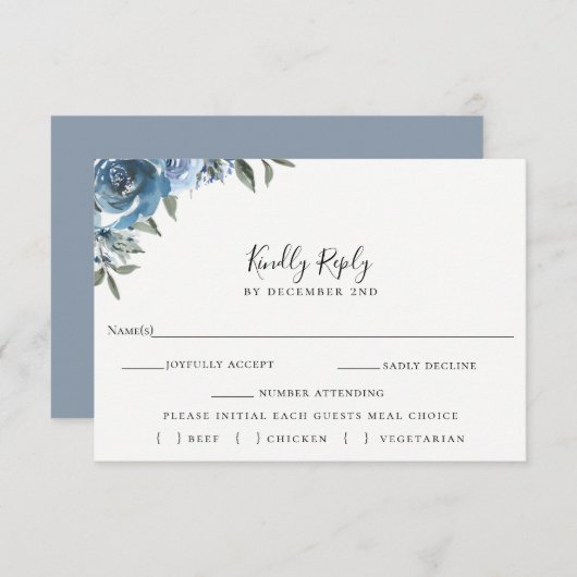 Dusty Blue Floral Bruiloft RSVP Maaltijdkeuze Kaar (Voorkant / Achterkant)