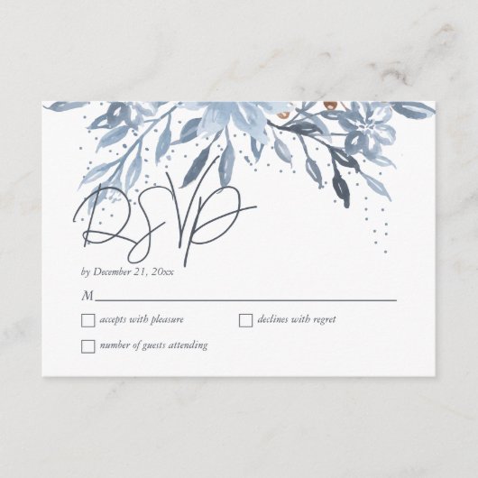 Dusty Blue Floral Chic Script Winter Theme RSVP Informatiekaartje (Voorkant)