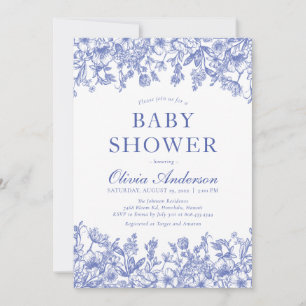Dusty Blue  Floral Chinoiserie Baby shower Kaart
