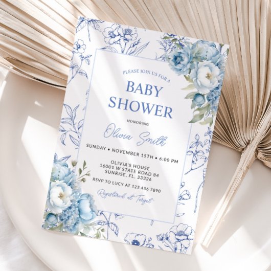 Dusty Blue Floral Chinoiserie Baby shower Kaart