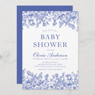 Dusty Blue Floral Chinoiserie Baby shower Kaart