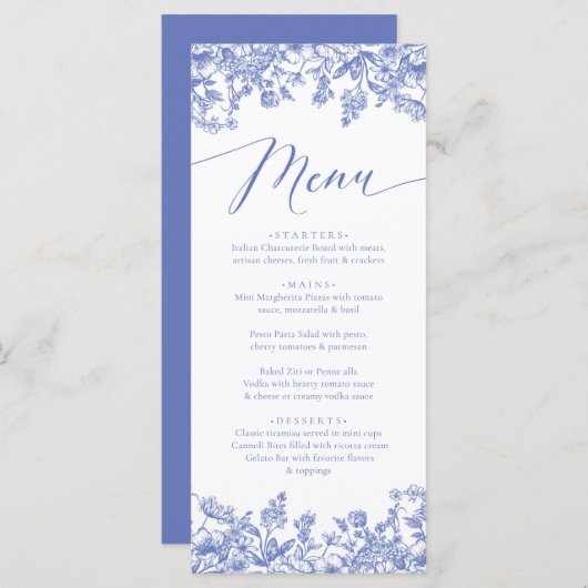 Dusty Blue Floral Chinoiserie Botanical Menu (Voorkant / Achterkant)