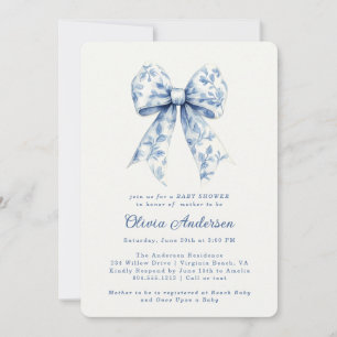 Dusty Blue Floral Chinoiserie Bow Baby shower Kaart