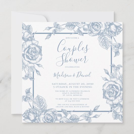 Dusty Blue Floral Couples Shower Kaart (Voorkant)