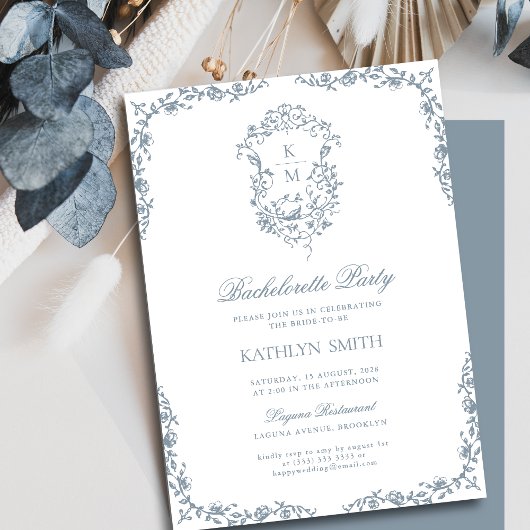 Dusty Blue Floral Crest Bachelorette Party Kaart