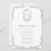 Dusty Blue Floral Crest Bachelorette Party Kaart (Voorkant)