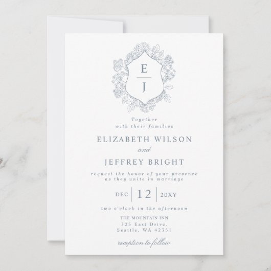 Dusty Blue Floral Crest Monogram Bruiloft Kaart (Voorkant)