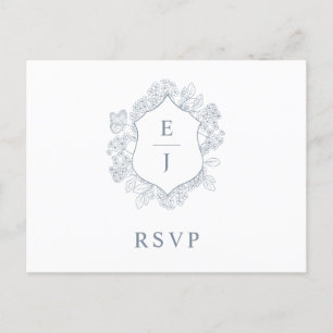 Dusty Blue Floral Crest Monogram Bruiloft RSVP Briefkaart