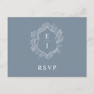 Dusty Blue Floral Crest Monogram Bruiloft RSVP Briefkaart
