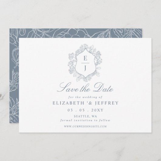 Dusty Blue Floral Crest Monogram Bruiloft Save The Date (Voorkant / Achterkant)
